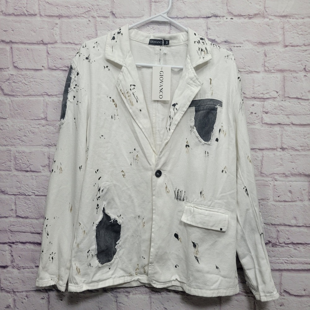 NEW Giovanco Men's Casual Lapel Jacket Size‎ M White Splatter Raw Hem Streetwear